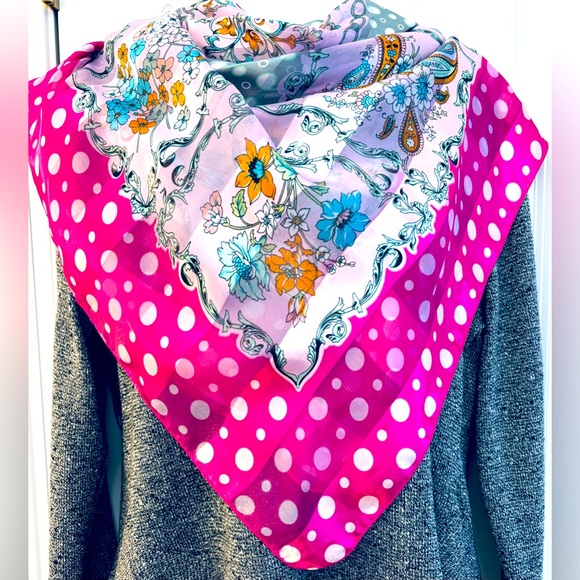Accessories - Pink Scarf polka dot & floral satiny nylon 38” square botanical business casual